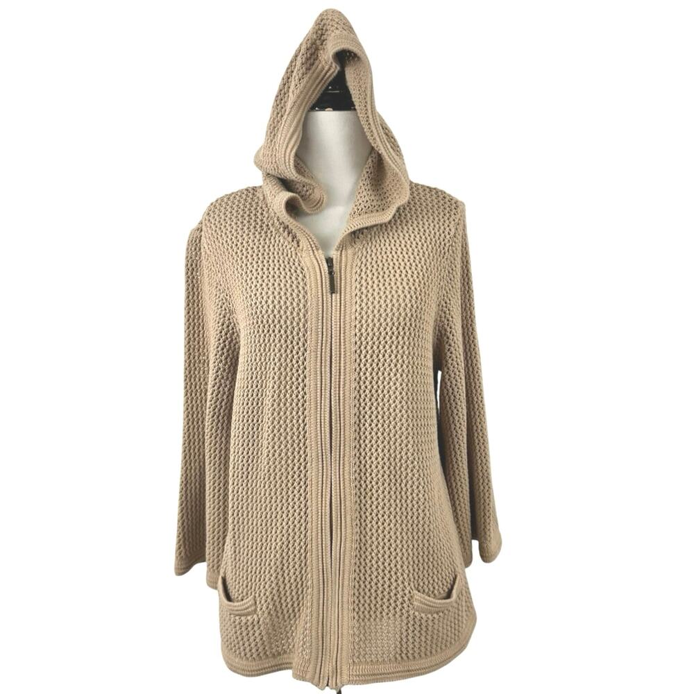 Jaclyn Smith Tan Hooded Zip Knit Sweater Jacket Cardigan Pockets Cotton L